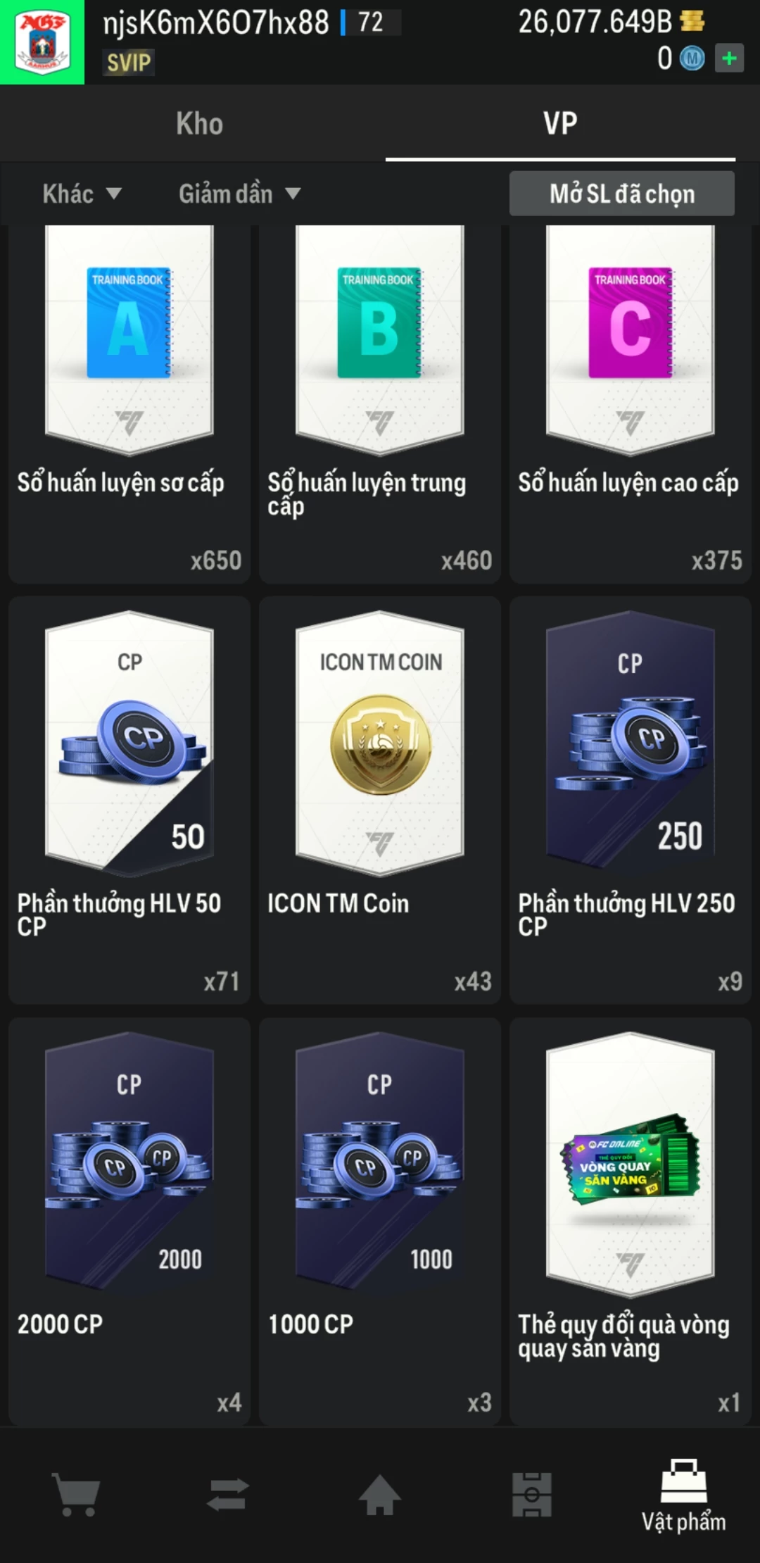 Ảnh ACC mở thẻ (LOẠI SVIP) bao gồm 1 gói thẻ +12 và 500+ đến 600+ thẻ cầu thủ từ Siêu sao đến Miền núi các loại. Có sẵn BP trắng trong acc từ 18.000 tỷ BP đến 26.000 tỷ BP, kèm theo nhiều ngày SVIP